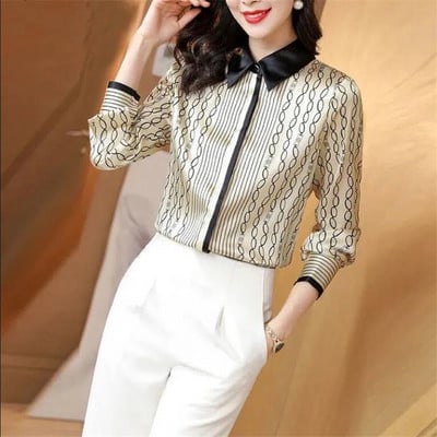 Selyem ingutánzat Női szatén blúzok Csíkos, nyomott női ing, hosszú ujjú, gombos női blusa