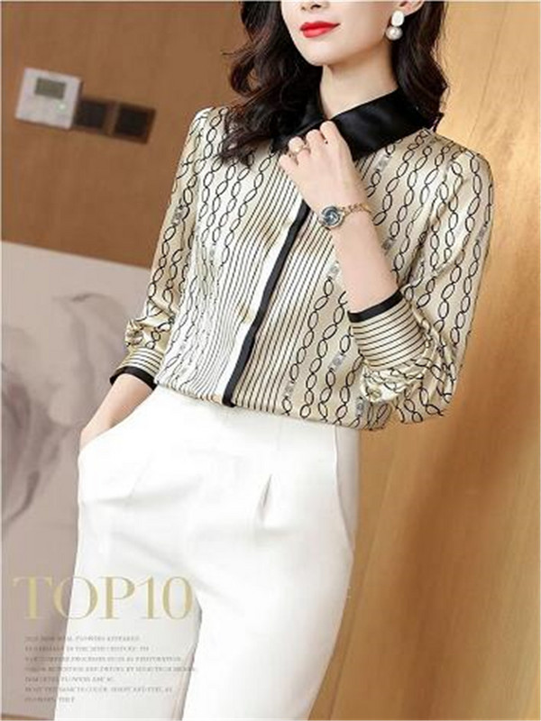 Selyem ingutánzat Női szatén blúzok Csíkos, nyomott női ing, hosszú ujjú, gombos női blusa