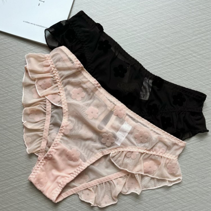 SP&CITY tündér stílusú virághímzés hálós átlátszó szexi alsónadrág Női alacsony derékú, vájt bugyi fodros aranyos rövidnadrág