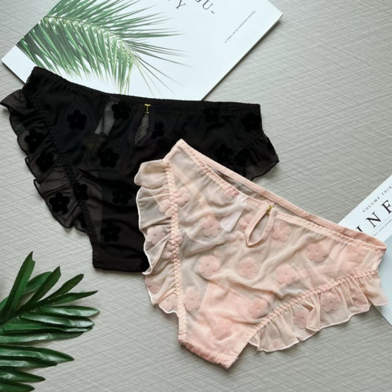 SP&CITY tündér stílusú virághímzés hálós átlátszó szexi alsónadrág Női alacsony derékú, vájt bugyi fodros aranyos rövidnadrág