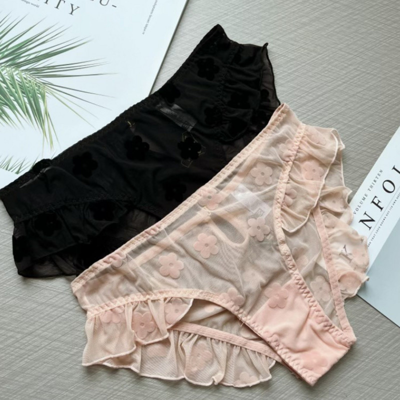 SP&CITY tündér stílusú virághímzés hálós átlátszó szexi alsónadrág Női alacsony derékú, vájt bugyi fodros aranyos rövidnadrág