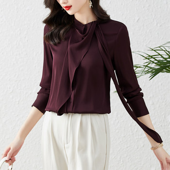 Шикозни модни панделки с дизайн на блузи с дълъг ръкав Дамски елегантни офис дамски сатенени ризи Базови топове Blusas Mujer De Moda 2023