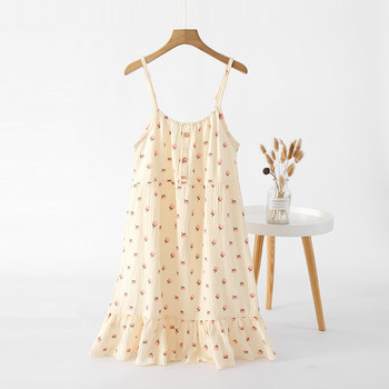 Small Floral Printing Γυναικείο φόρεμα πιτζάμες από βαμβακερό Sling Άνετο που απορροφά τον ιδρώτα Φαρδύ φόρεμα ύπνου για το σπίτι που αναπνέει