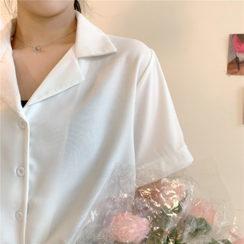 S-5XL Ризи с къс ръкав Дамски свободни едноцветни летни топове Дамски офис дами Универсални ризи с отложна яка Корейски стил Нови камиси