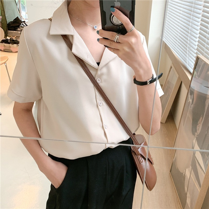 S-5XL lühikeste varrukatega särgid, naiste avarad soliidsed suvetopid, naiste kontorinaised, kõik sobivad lahtikäiva kraega Korea stiilis uued Camisas