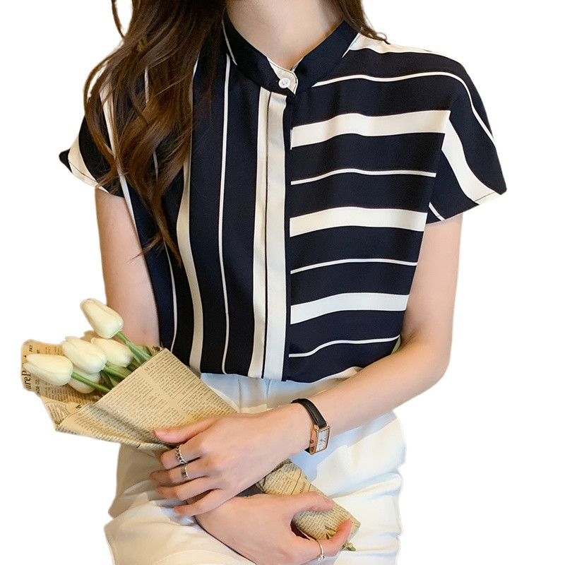 S-XXL 2021 divatos, új nyári csíkos, hétköznapi, rövid ujjú, gombos felsők és ingek női irodai női munkaruhák