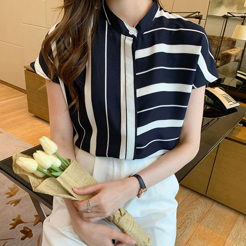 S-XXL 2021 divatos, új nyári csíkos, hétköznapi, rövid ujjú, gombos felsők és ingek női irodai női munkaruhák