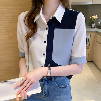 S-XXL 2021, új divat, szín, kontraszt, lehajtható gallér, nyári alkalmi női gombos felsők és ingek irodai női munkaruhák
