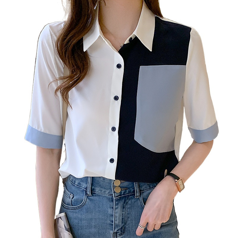 S-XXL 2021, új divat, szín, kontraszt, lehajtható gallér, nyári alkalmi női gombos felsők és ingek irodai női munkaruhák