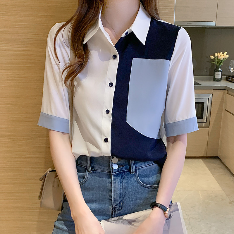 S-XXL 2021, új divat, szín, kontraszt, lehajtható gallér, nyári alkalmi női gombos felsők és ingek irodai női munkaruhák