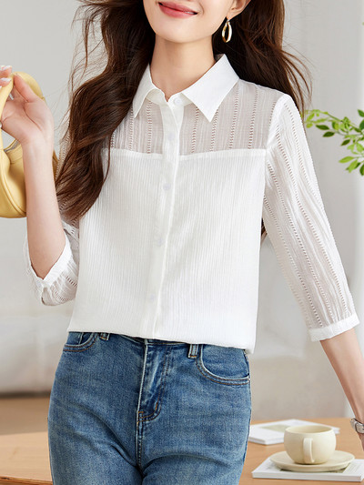 2024. aasta suvine naiste valged särgid, nööbid, poolvarrukad, mood naiste õhuke ja vabaaja pluus Naiste kontorirõivad, pluusid