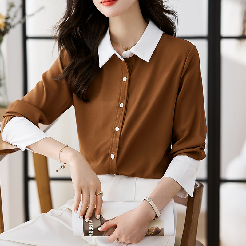 Kevad-sügis Elegantne mood Naiste pluusid Särgid Naiste kontori pikkade varrukatega temperament, värvi õmblused, naiste topid