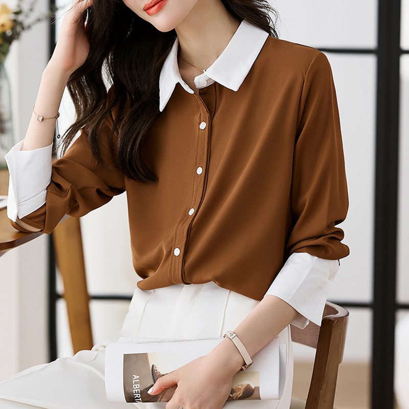 Kevad-sügis Elegantne mood Naiste pluusid Särgid Naiste kontori pikkade varrukatega temperament, värvi õmblused, naiste topid