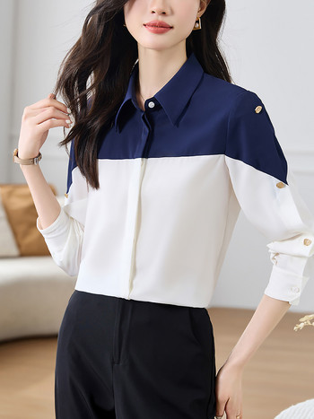 Нови прости, стилни пачуърк дамски ризи с ревери с дълъг ръкав, едноредни свободни женски блузи, пролет, есен, дамски топове