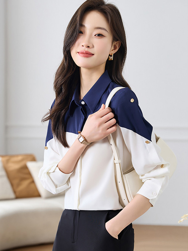 Jauni, vienkārši, stilīgi raibveida atloks Sieviešu krekli ar garām piedurknēm, vienrindas brīvas sieviešu blūzes pavasara rudens sieviešu topi