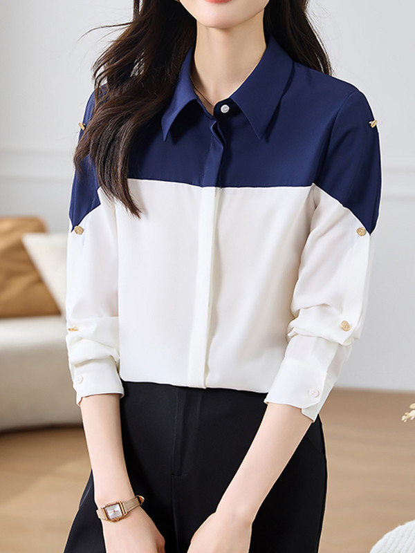 Jauni, vienkārši, stilīgi raibveida atloks Sieviešu krekli ar garām piedurknēm, vienrindas brīvas sieviešu blūzes pavasara rudens sieviešu topi