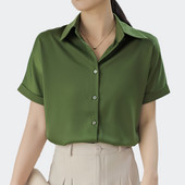 Vasaras sieviešu satīna krekli Blusas sieviešu topi ar īsām piedurknēm Eleganti dāmu formāla biroja blūzes krekls ikdienas apģērbs