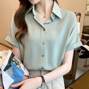 Летни дамски сатенени ризи Blusas Femininas Топове с къс ръкав Елегантни дамски официални блузи, ризи Ежедневно облекло