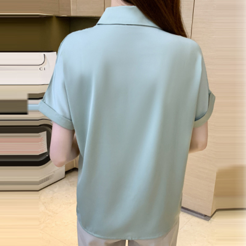 Vasaras sieviešu satīna krekli Blusas sieviešu topi ar īsām piedurknēm Eleganti dāmu formāla biroja blūzes krekls ikdienas apģērbs