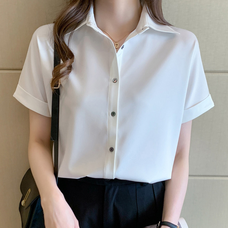 Vasaras sieviešu satīna krekli Blusas sieviešu topi ar īsām piedurknēm Eleganti dāmu formāla biroja blūzes krekls ikdienas apģērbs