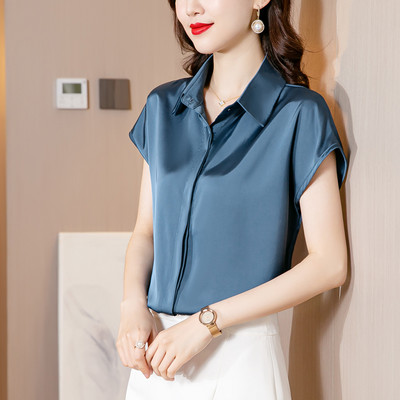 Elegáns irodai női felsők nyári rövid ujjú fehér blúzok Fényes szatén blúz Női ingek Egyszerű alkalmi ruházat Blusas Mujer