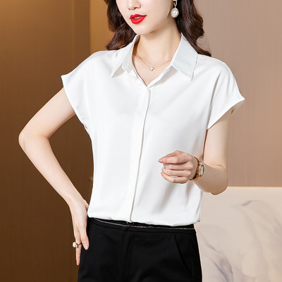 Elegáns irodai női felsők nyári rövid ujjú fehér blúzok Fényes szatén blúz Női ingek Egyszerű alkalmi ruházat Blusas Mujer