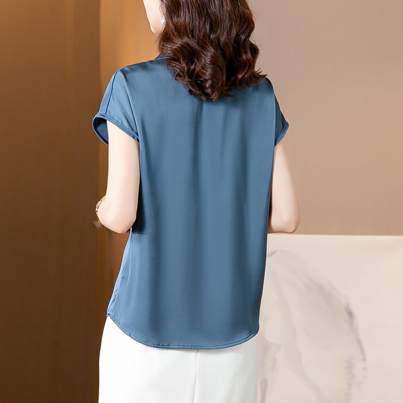 Elegáns irodai női felsők nyári rövid ujjú fehér blúzok Fényes szatén blúz Női ingek Egyszerű alkalmi ruházat Blusas Mujer