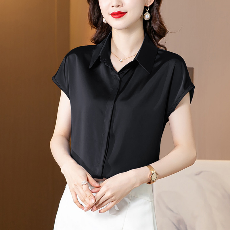 Elegáns irodai női felsők nyári rövid ujjú fehér blúzok Fényes szatén blúz Női ingek Egyszerű alkalmi ruházat Blusas Mujer