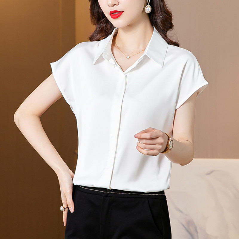 Elegáns irodai női felsők nyári rövid ujjú fehér blúzok Fényes szatén blúz Női ingek Egyszerű alkalmi ruházat Blusas Mujer