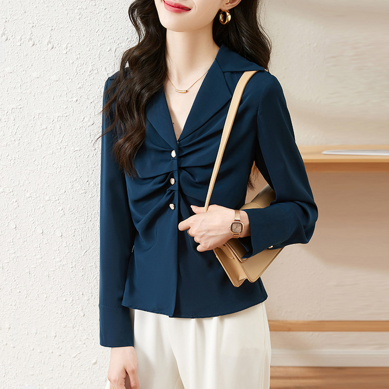 Biroja dāmu eleganti šifona krekli un topi ar garām piedurknēm ar V veida kakla izgriezumu, salokāmi tievs viduklis jaciņa, vispiemērotākā modes sieviešu blūzes 2024