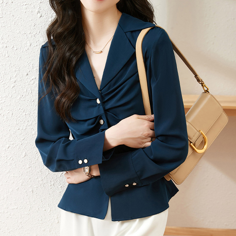 Biroja dāmu eleganti šifona krekli un topi ar garām piedurknēm ar V veida kakla izgriezumu, salokāmi tievs viduklis jaciņa, vispiemērotākā modes sieviešu blūzes 2024