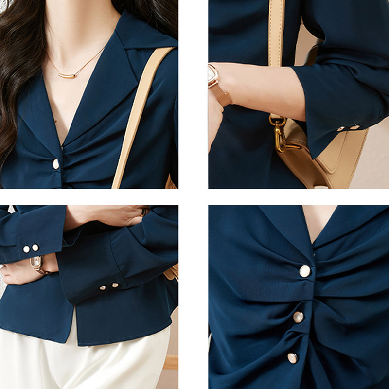 Biroja dāmu eleganti šifona krekli un topi ar garām piedurknēm ar V veida kakla izgriezumu, salokāmi tievs viduklis jaciņa, vispiemērotākā modes sieviešu blūzes 2024