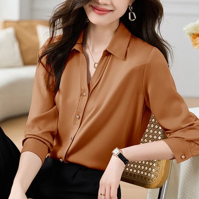 Naiste satiinsärgid 2024 Moodsad pikkade varrukatega vabaaja naiste topid Kontoris Lady Vintage valged pluusid Särgid Elegantne riietus