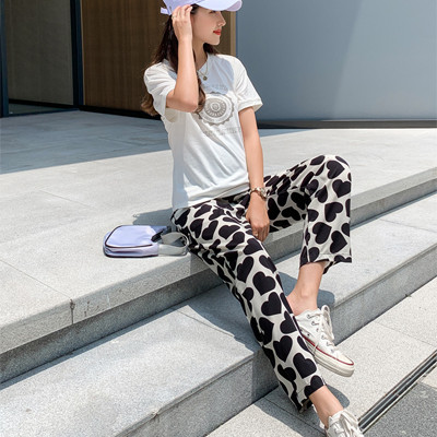 Korejas stils grūtniecei garās bikses Vasaras modes Sirds Raksti Apdruka Grūtnieču vēderbikses Grūtniecība Apģērbs Brīvs