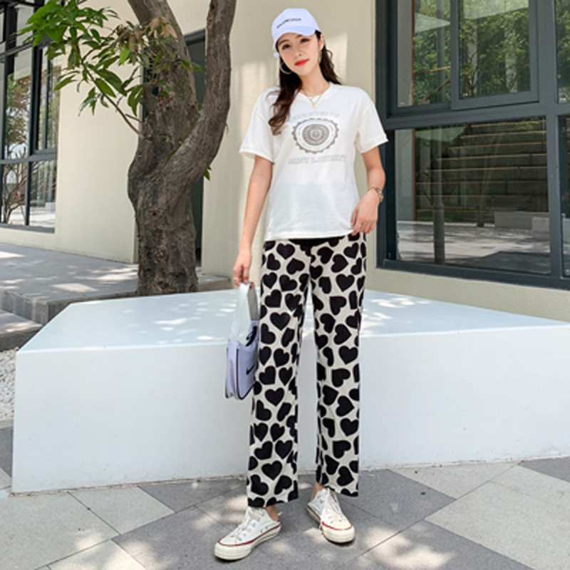 Korejas stils grūtniecei garās bikses Vasaras modes Sirds Raksti Apdruka Grūtnieču vēderbikses Grūtniecība Apģērbs Brīvs