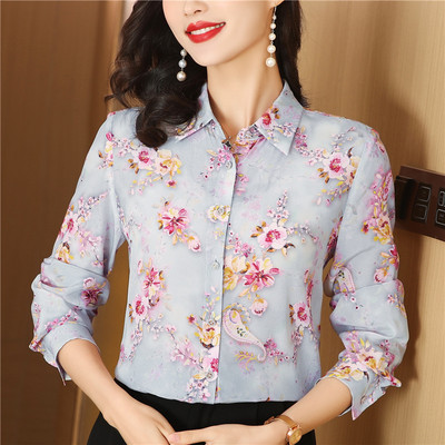 Fashion Flower print Γυναικείες μπλούζες και πουκάμισα Vintage μακρυμάνικο μπλουζάκια με γυριστό γιακά μπλουζάκια Γυναικεία casual ρούχα
