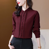 Masīvzīda krekli Sieviešu garās piedurknes Statīvs Apkakle Augstas kvalitātes Vienkāršība Biroja blūzes Sieviešu Eleganti Sieviešu Topi Apģērbs