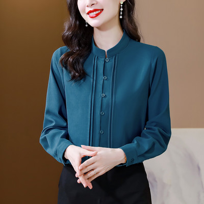 Masīvzīda krekli Sieviešu garās piedurknes Statīvs Apkakle Augstas kvalitātes Vienkāršība Biroja blūzes Sieviešu Eleganti Sieviešu Topi Apģērbs