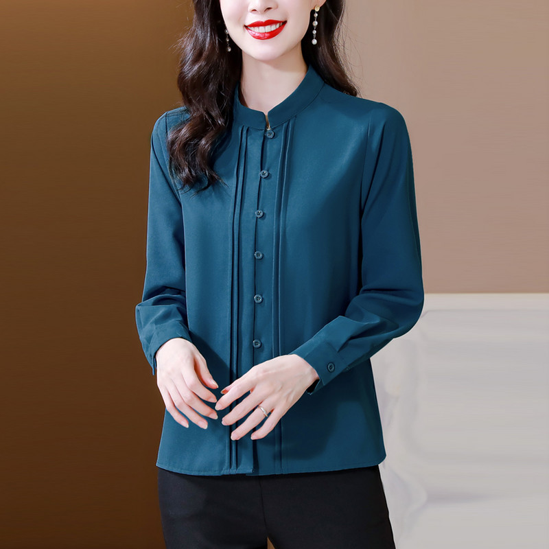 Masīvzīda krekli Sieviešu garās piedurknes Statīvs Apkakle Augstas kvalitātes Vienkāršība Biroja blūzes Sieviešu Eleganti Sieviešu Topi Apģērbs