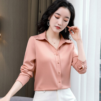 Корейски модни дамски блузи и ризи Елегантни сатенени копринени ризи с дълъг ръкав и ревер Дамски офис топове Blusas Mujer De Moda 2024