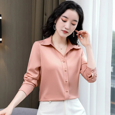 Korejske modne ženske bluze i košulje Elegantne satenske svilene košulje na rever dugih rukava Ženske uredske majice Blusas Mujer De Moda 2024.