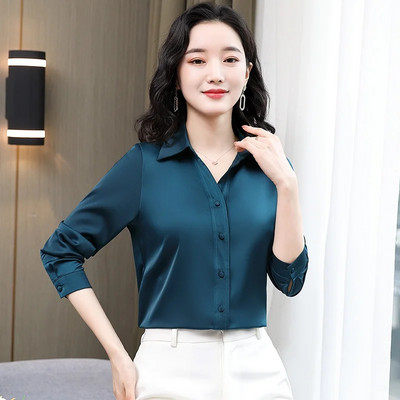 Korejske modne ženske bluze i košulje Elegantne satenske svilene košulje na rever dugih rukava Ženske uredske majice Blusas Mujer De Moda 2024.