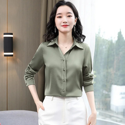 Korejske modne ženske bluze i košulje Elegantne satenske svilene košulje na rever dugih rukava Ženske uredske majice Blusas Mujer De Moda 2024.