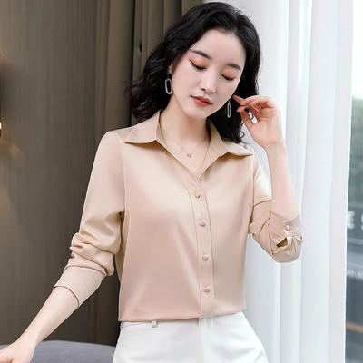Korejske modne ženske bluze i košulje Elegantne satenske svilene košulje na rever dugih rukava Ženske uredske majice Blusas Mujer De Moda 2024.