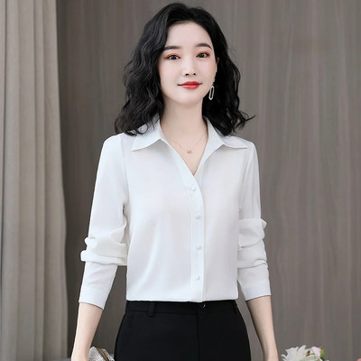 Korejske modne ženske bluze i košulje Elegantne satenske svilene košulje na rever dugih rukava Ženske uredske majice Blusas Mujer De Moda 2024.
