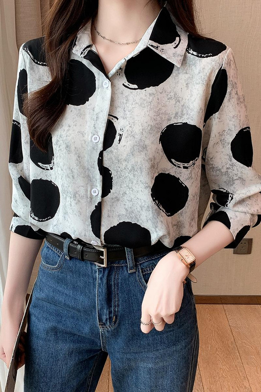 Stilīga sieviešu blūze elegantam izskatam Modes apdruka ar pogām nolaižami krekli Topi Pavasara vasaras topi blusa mujer