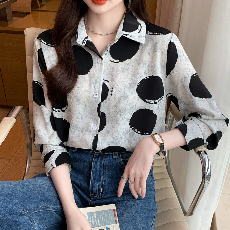 Stilīga sieviešu blūze elegantam izskatam Modes apdruka ar pogām nolaižami krekli Topi Pavasara vasaras topi blusa mujer