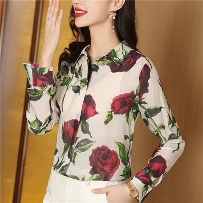 Eleganti ar ziediem apdrukāti satīna krekli un blūzes sievietēm Jauns 2024. gada mode korejiešu stilā Sieviešu apģērbi Blusa Topi Camisas E Blusas