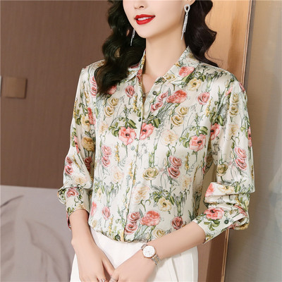 Eleganti ar ziediem apdrukāti satīna krekli un blūzes sievietēm Jauns 2024. gada mode korejiešu stilā Sieviešu apģērbi Blusa Topi Camisas E Blusas