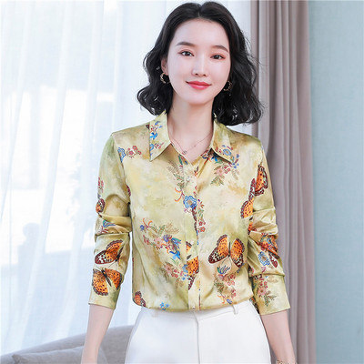 Eleganti ar ziediem apdrukāti satīna krekli un blūzes sievietēm Jauns 2024. gada mode korejiešu stilā Sieviešu apģērbi Blusa Topi Camisas E Blusas